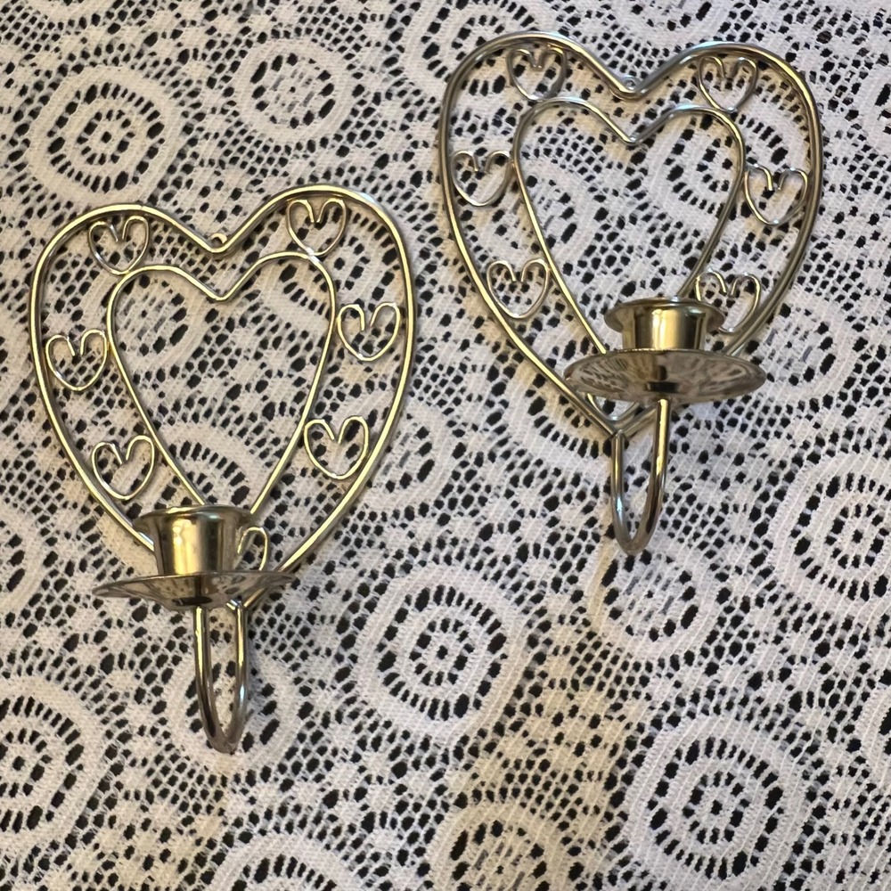 Vintage Brass-Toned Metal Heart Wall Candle Sconces | Cottage